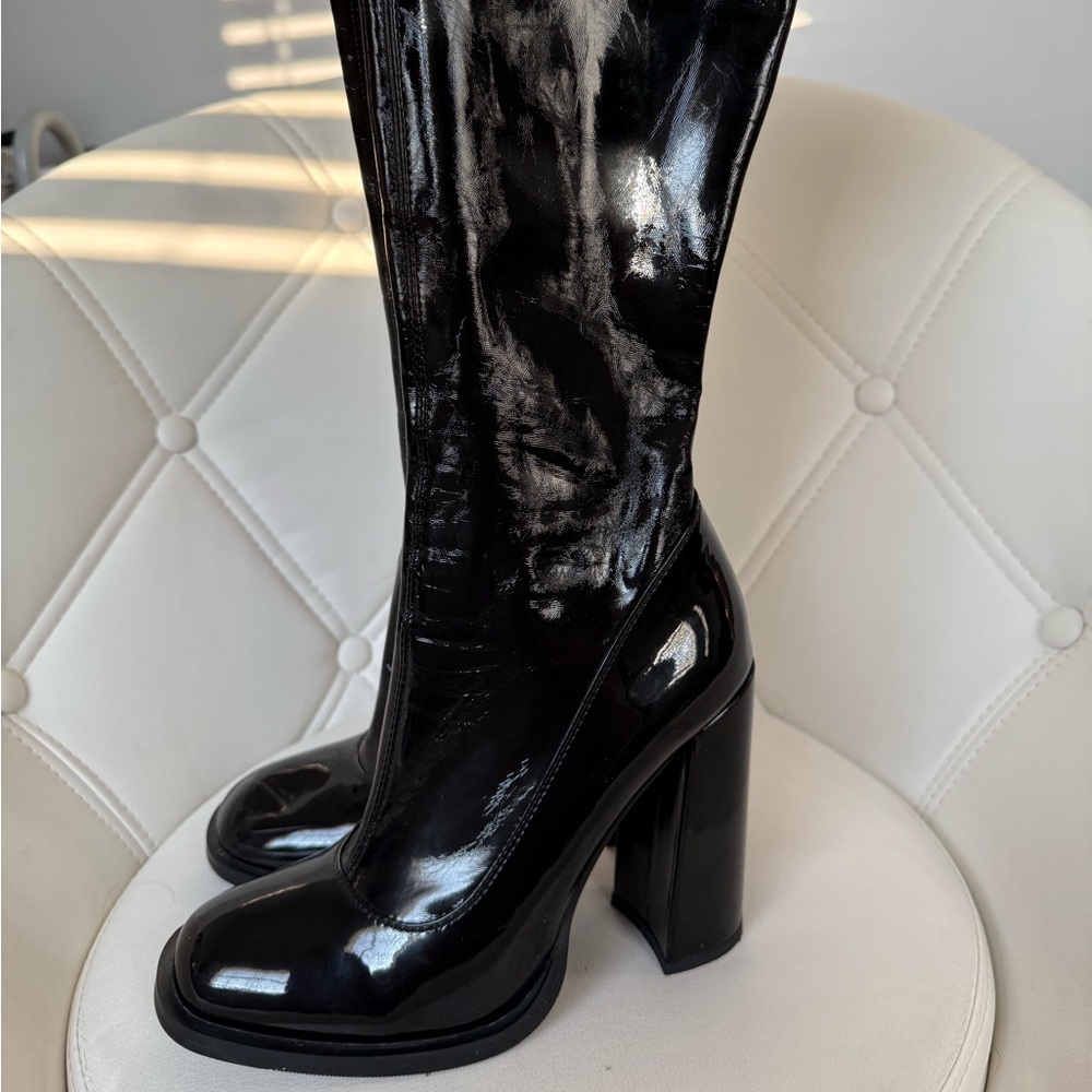 PLT Black Patent Leather Knee-High Block Heel Boots Size 8